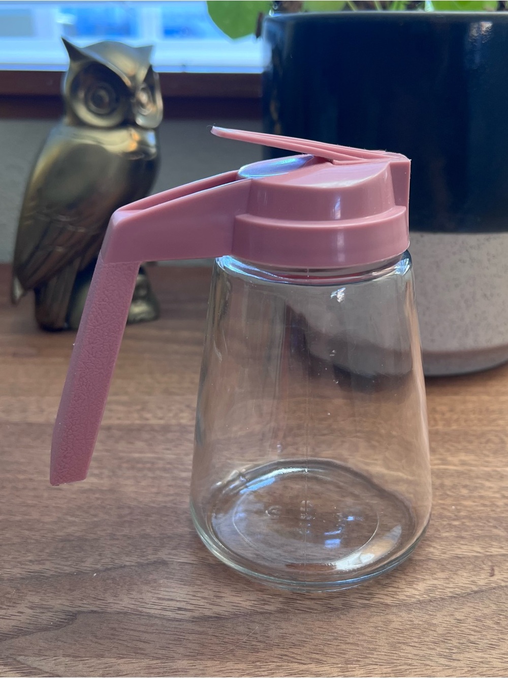 Vintage Gemco Clear Glass Syrup Dispenser - Dusty Rose Pink Lid (Made in USA)